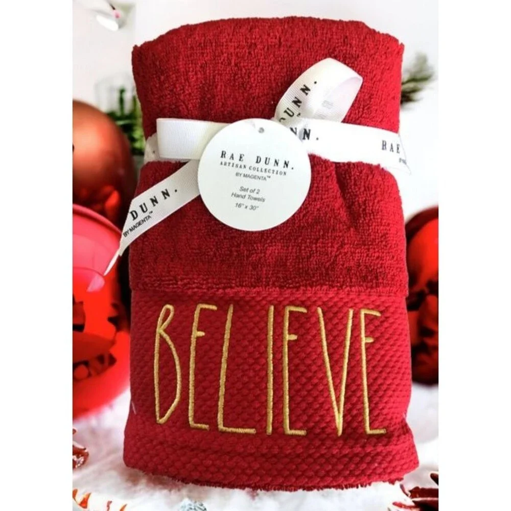 Rae Dunn Christmas Believe Red Gold Hand Towels Guest Bath Embroidered Set of 2